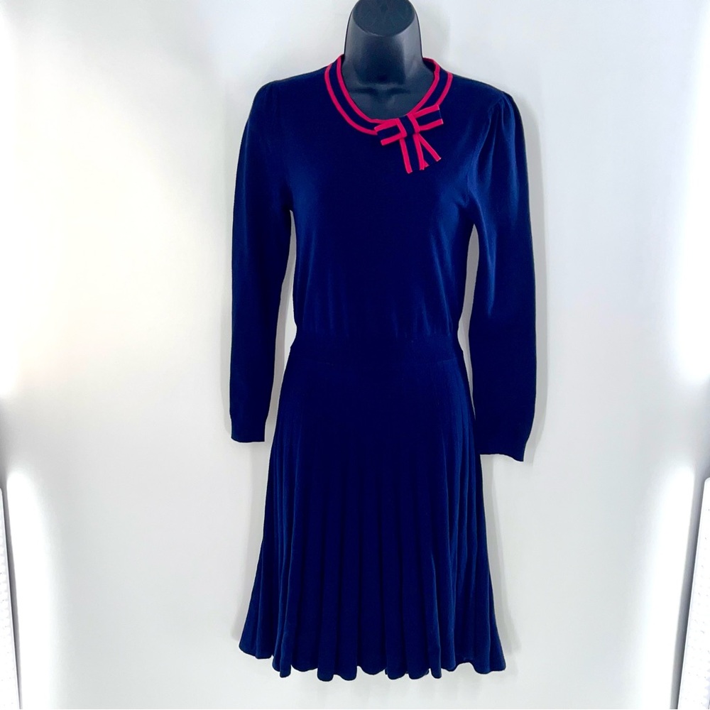 Draper James Navy w/Bow at Neck/Red Striped Accents Pleated Knit Dress-Size=XS
